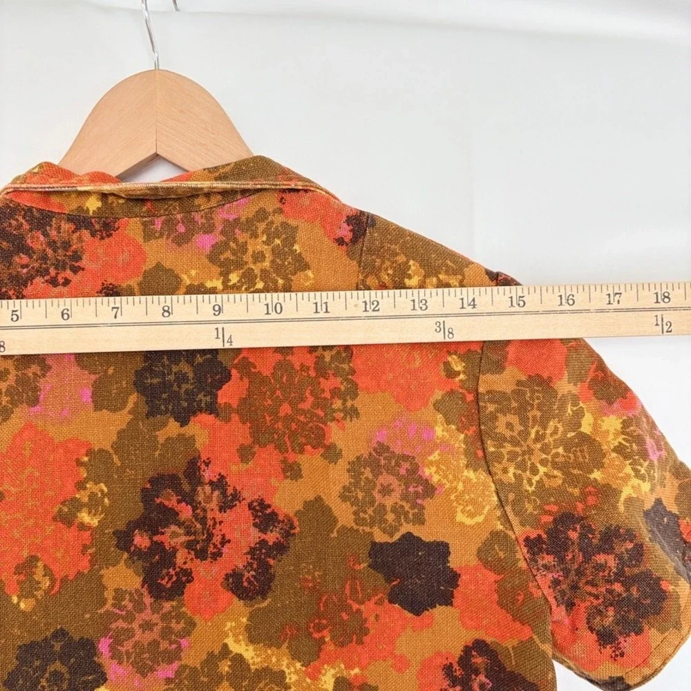 VTG Handmade 60s Floral Retro‎ Open Front Blouse Top Orange Brown Hippy Boho S